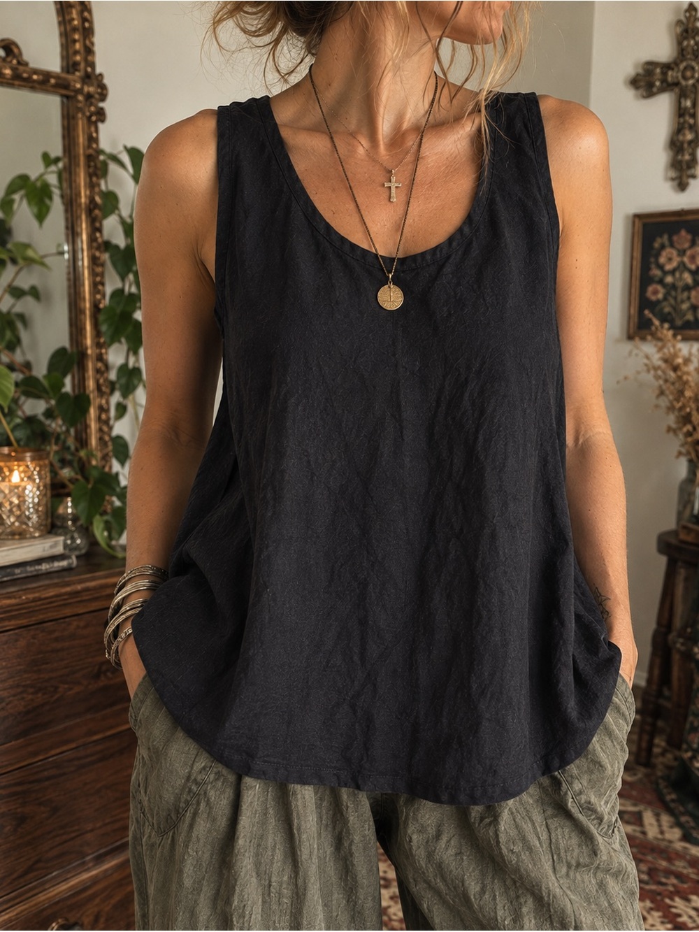 FLAX 100% Lithuanian Linen Tank M Charcoal Grey Lagenlook Minimalist Tunic Top